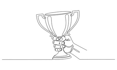 Continuous one line drawing of hand holds trophy cup competition. Victory, and achievement from the contest. The theme is victory and awards.
