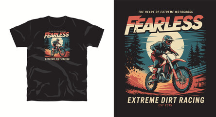 Fearless extreme motocross dirt racing t-shirt design featuring rider jumping with motorcycle at sunset and forest background © Pronob