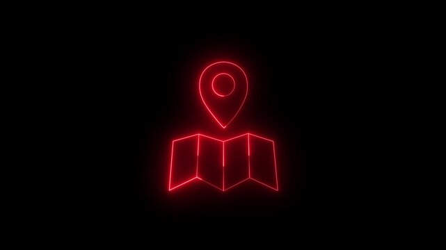 Neon Map Pin Icon with Folded Map on Black Background. Minimalist Map Pinpoint Location Graphic Design Illustration