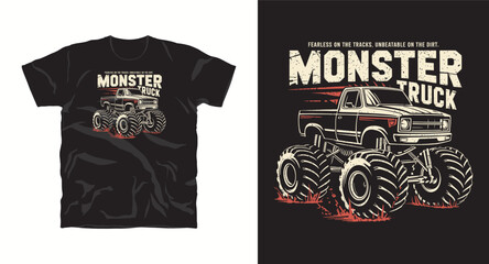 Monster truck logo with large tires and grunge texture for apparel design © Pronob