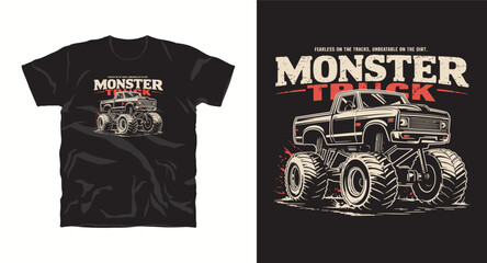 Monster truck logo with large tires and grunge texture for apparel design © Pronob