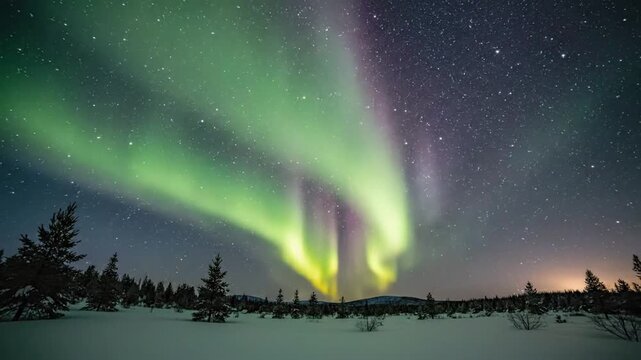 Vibrant aurora borealis dances across a star-filled night sky over a snow-covered boreal forest in yellowknife, canada.