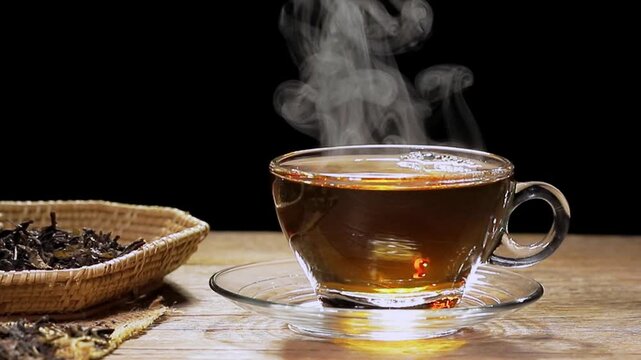 The slow-motion video shows a cup of hot tea in a warm atmosphere, with herbs arranged on a simple wooden table. It was filmed in a studio and did not use artificial intelligence AI