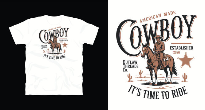 Cowboy with horse vintage illustration on a t-shirt, it's time to ride, american made cowboy established 2026 outlaw threads co. with sheriff badge