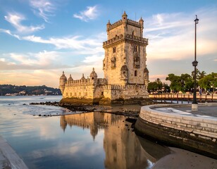 Obraz premium Stone fortress sits at water's edge, reflecting sunset hues. Structures line a distant coast