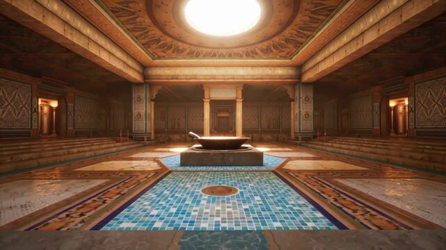 Ancient Roman Baths Interior, Mosaic Pool, Ornate Ceiling, Warm Lighting