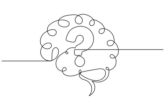 Brain with question mark in continuous one line drawing style for curiosity