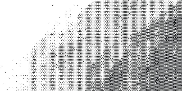 Abstract halftone texture background with digital noise and pixelation effect, black and white graphic element vector illustration