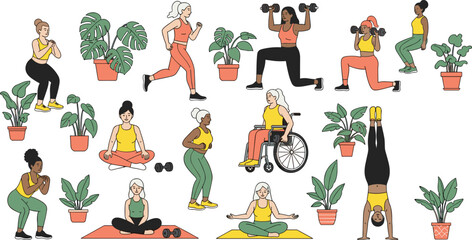 Diverse Women Practicing Fitness and Yoga at Home with Indoor Plants Workout Exercise and Healthy Lifestyle Vector Illustration Set