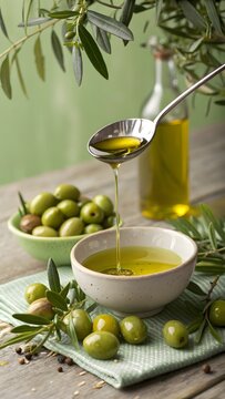Freshly poured extra virgin olive oil over olives and bowl of olives