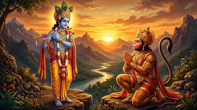 Krishna playing flute with hanuman devotion hinduism spiritual art god wallpaper background image
