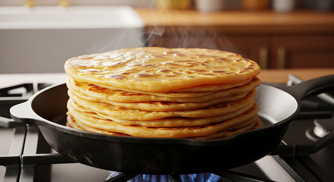 Stack of freshly cooked parathas steaming in a cast iron skillet on a gas stove