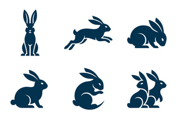 Fototapeta premium Minimalist blue rabbit silhouettes in various poses including sitting, jumping, and running for pet shops, spring season, or animal welfare branding