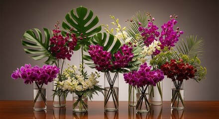 Fototapeta premium Assorted Exotic Floral Arrangements in Glass Vases