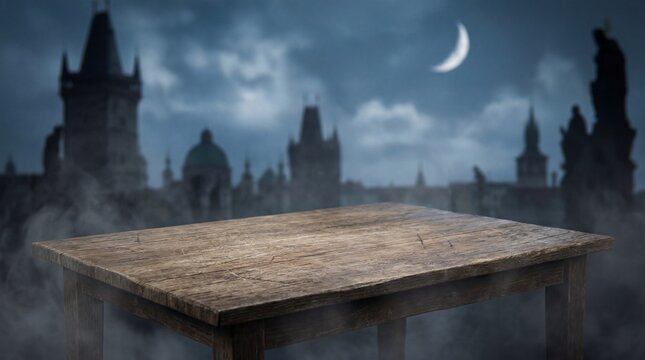 Empty rustic wooden table against a spooky gothic city skyline at night with a crescent moon.