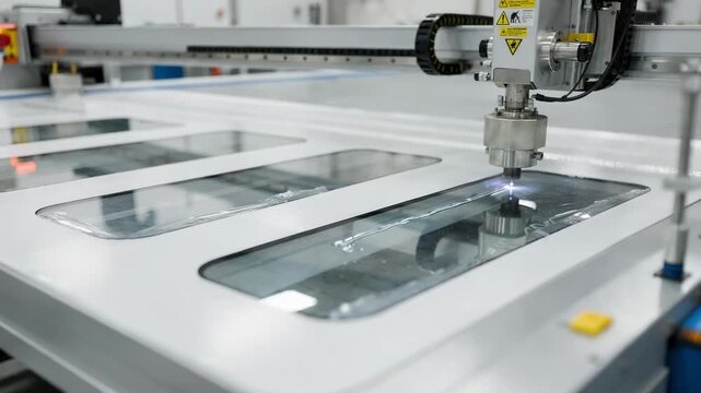 Medium shot of an automated applicator smoothly applying clear transparent film onto window cutouts in a bright modern manufacturing setting.