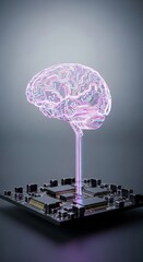 Digital brain with glowing circuits connecting to a computer chip. Artificial intelligence and machine learning concept for robotics.