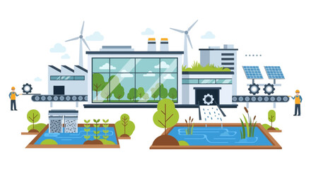 Obraz premium Sustainable Green Factory Concept: Eco-Friendly Manufacturing with Renewable Energy & Water Treatment System