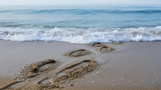 Footprints on Sand Beach with Ocean Waves - Travel & Vacation Concept