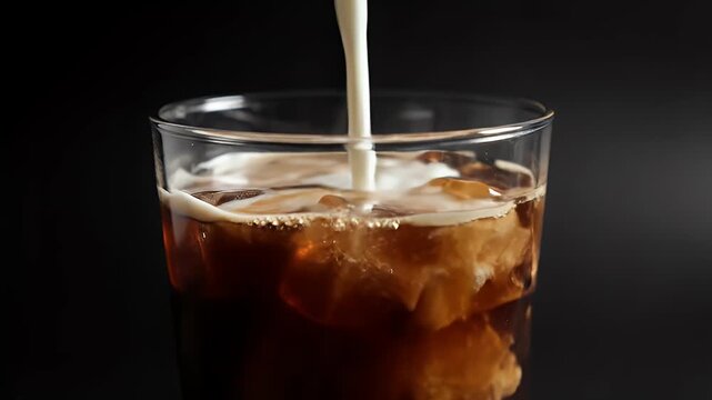 A glass of cold beverage with ice and a stream of white liquid being poured in