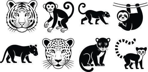 Stylized jungle animals illustration, tiger, monkey, sloth, panther, leopard, lemur, mongoose, wildlife silhouettes, black and white vector design © MstSelina