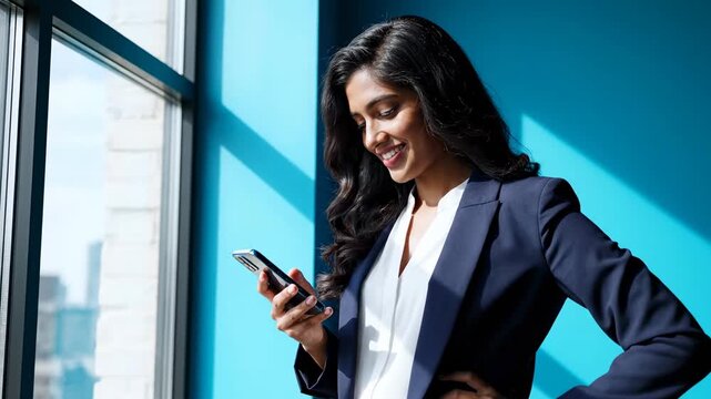 Professional Woman in Business Suit Using Smartphone by Window.