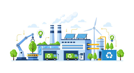 Fototapeta premium Sustainable Industry & Circular Economy: Green Factory with Renewable Energy, Recycling, Electric Vehicles, and Eco-friendly Production Process.