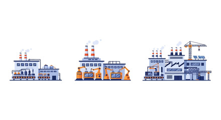 Fototapeta premium Industrial Factory Buildings Set: Manufacturing, Automation, & Green Energy Production Illustration