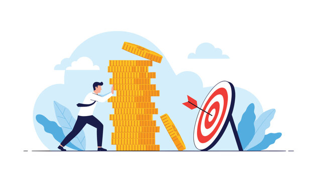 Businessman trying to push large falling stack of gold coins towards target representing efforts to save financial investments and goals.