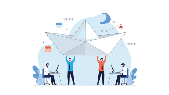 Dedicated team of office workers collaborating to carry a massive paper boat as a symbol of their shared business journey.