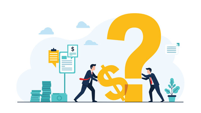 Partners working together to fit a dollar sign into a giant question mark to solve a complex financial business mystery.