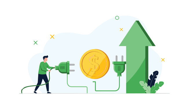 Professional investor connecting a green power cable to a gold coin to drive sustainable financial growth and green energy profit.
