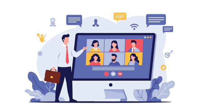 Professional manager leading an international video conference call with a diverse team of remote workers on a large screen.