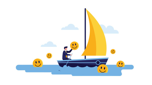 Happy man on a sailboat using an oar to gather floating golden coins with smiley faces representing customer satisfaction and profit.