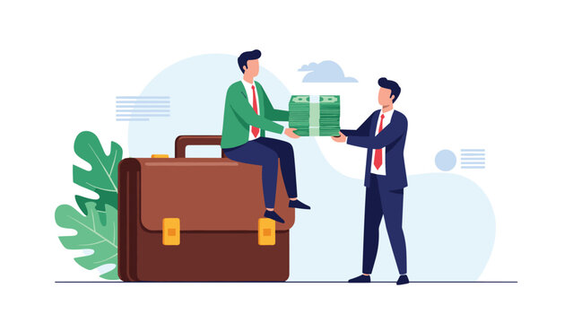 One businessman sitting on a massive briefcase giving a stack of money to another man representing a high-value transaction.