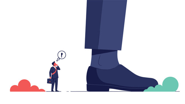 Tiny businessman with a briefcase looking up at a giant shoe representing being overshadowed by large corporate competitors.