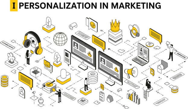 Isometric personalization in marketing concept illustration with targeted advertising data analytics customer segmentation and digital campaign strategy isolated on white background