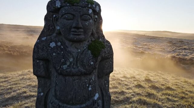 Lone weathered stone effigy standing in foggy dawn grass with sun video game franchise