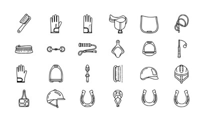 A set of black and white line art icons depicting various equestrian tools and equipment