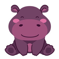 Fototapeta premium Cute purple hippo illustration. Kawaii baby hippopotamus character sitting and smiling. Minimalist flat vector art for safari themes, nursery decor, kids stickers, and children's book illustration. Ad