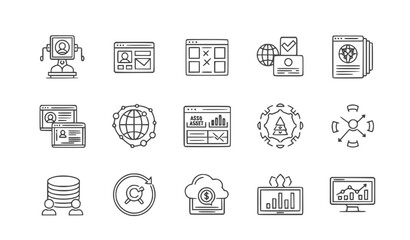 A set of line art icons depicting various business and technology concepts in a minimal flat design style.