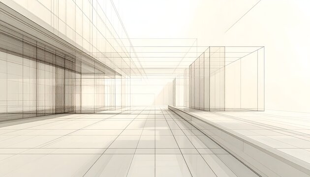 Minimalist architectural drawing background showing transparent building volumes and fine linear details in a bright airy sepia toned perspective view