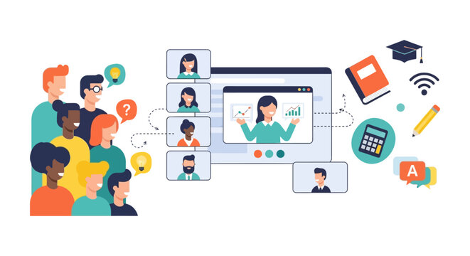 Virtual Classroom eLearning Concept. Diverse Students Attending Online Lesson or Webinar via Video Conference.