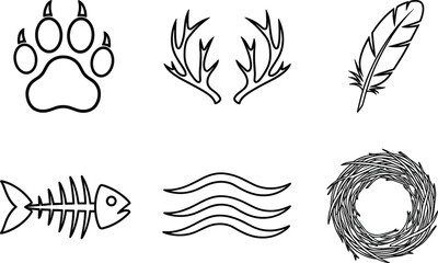 Wildlife nature icon set, cad drawing flat vector illustration, paw print antler and feather symbols, animal tracking elements, forest icons. © Hello Wolrd