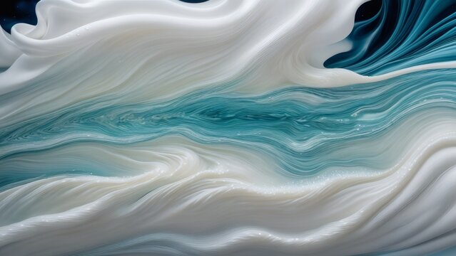 Premium abstract fluid silk texture in white and mint blue, elegant wavy background for luxury branding, high resolution 6K