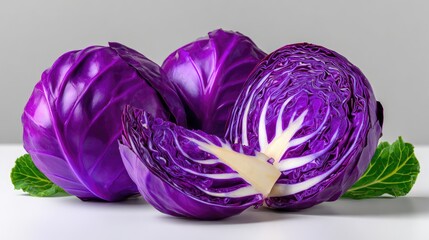Fototapeta premium Fresh and Vibrant Purple Cabbage Varieties with Green Leaves on a Clean Surface for Healthy Cooking and Nutrition Themes