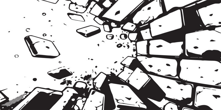 Exploding Brick Wall Breaking Apart in Dynamic Action.
