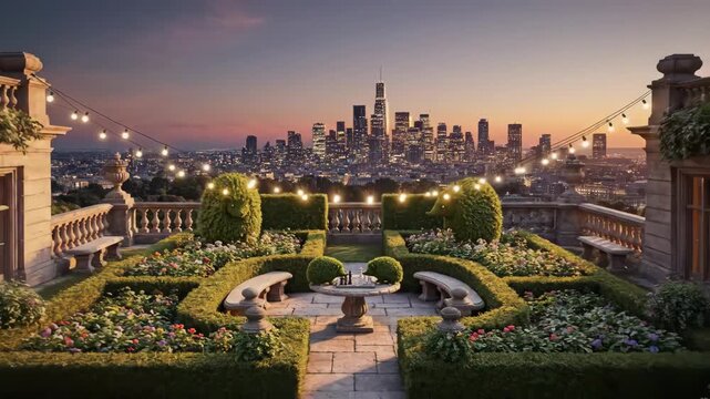 A serene rooftop garden with Surreal Silliness overlooking a cityscape at dusk with festive string lights