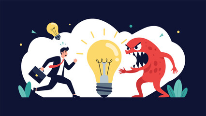 Naklejka premium Determined businessman running towards a bright lightbulb idea while being chased or challenged by a large red monster figure.