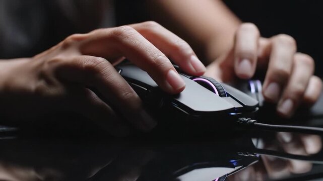 Close-up showcasing hands skillfully using a gaming mouse, ideal for illustrating concepts of digital interaction, online gaming, or modern technology